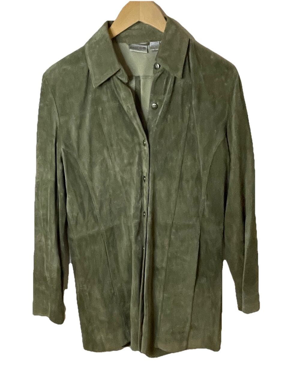 Chicos Sz 0 Small Moss Green Suede Button Front Shirt Jacket Shacket Collar